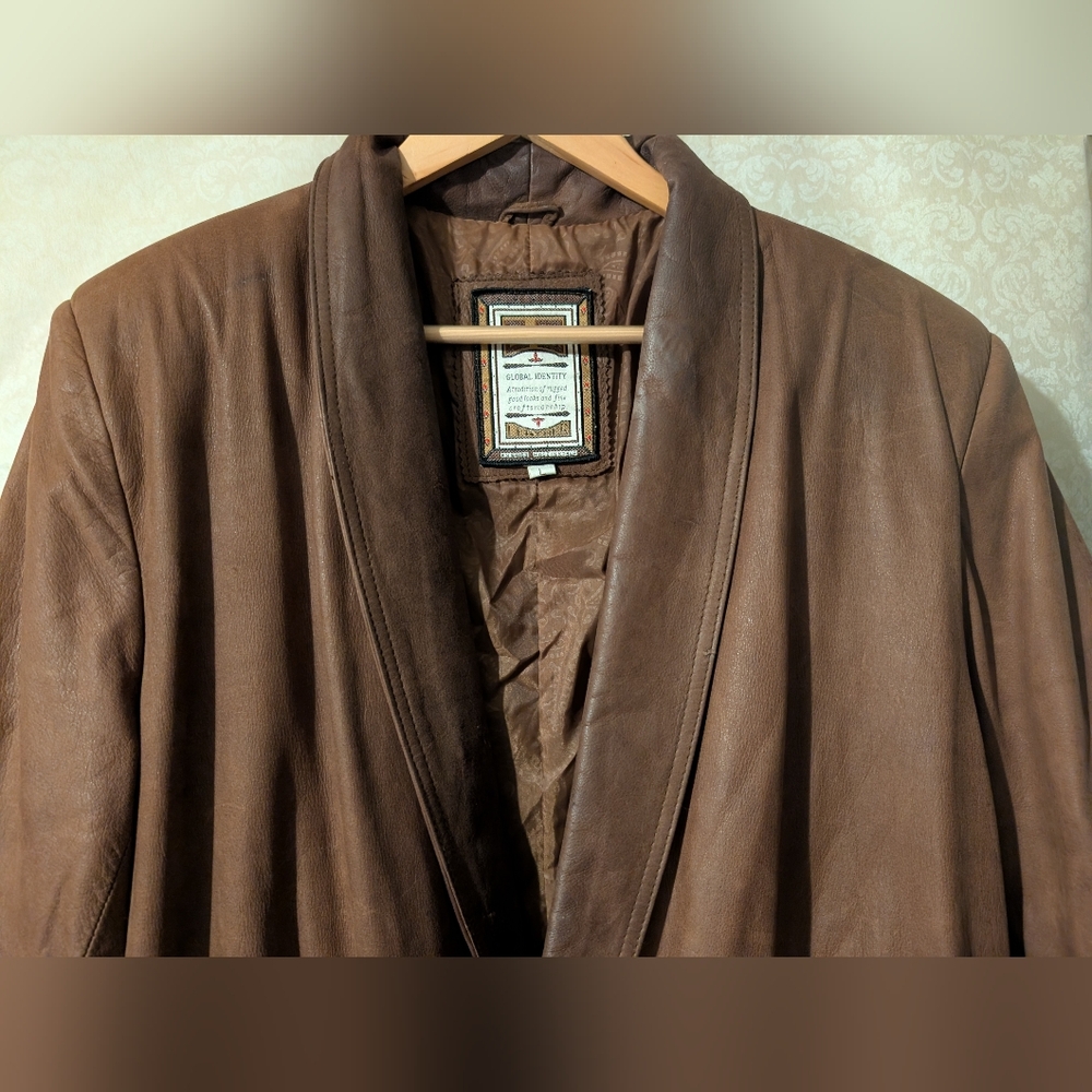 G111 Vintage Brown Leather Trench Coat 80s - Picture 13 of 16
